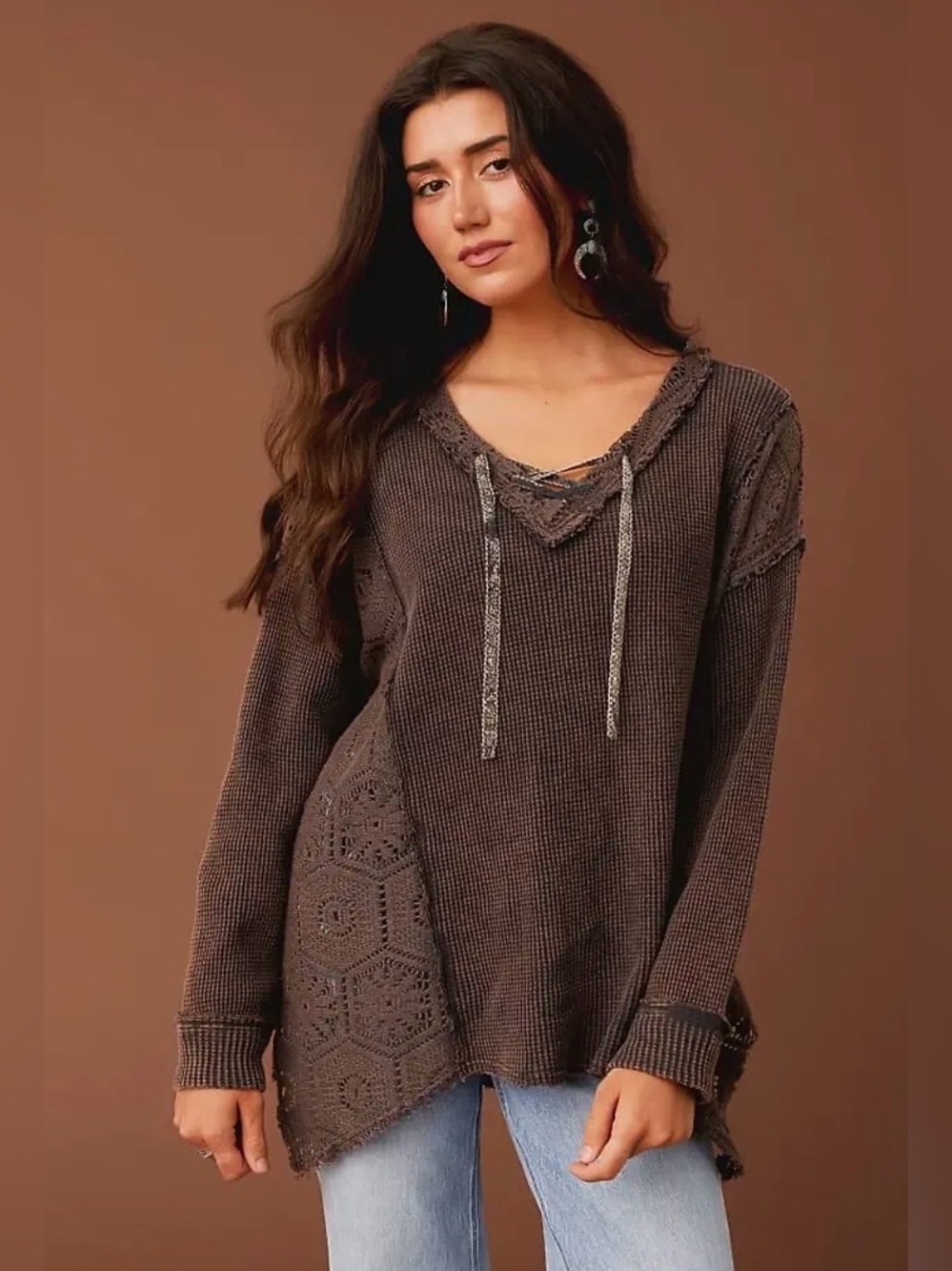 Gimmicks Buckle Lace Up Waffle Knit Top M Fairycore Whimsigoth Crochet Thermal
